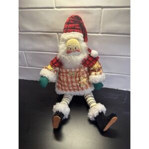 Vintage Painted Face Fabric Elf Santa Posable Shelf Sitter 17" Cookie Baker